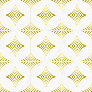 Close-up detail of white marble texture tile sticker featuring elegant gold geometric pattern design.