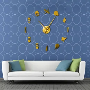 Large DIY barber shop wall clock, golden acrylic mirror giant clock for modern living room decor.