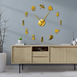 Gold acrylic barber wall clock detail showing creative DIY hairdressing silhouette design.