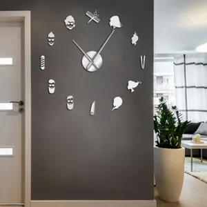 Modern DIY acrylic mirror wall clock with barber hair salon theme for living room decor.