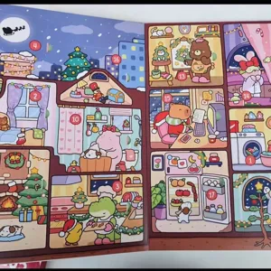 Kerst advent kalender kleurboek gedetailleerde binnenzijde met schattige dierenillustraties.