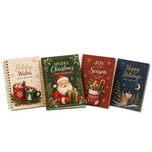 Detailed shot of four hardcover Christmas gift card books with festive vintage holiday illustrations.