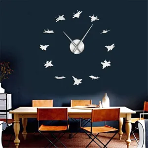 Large 3D acrylic mirror wall clock with fighter jet silhouettes for living room decor.