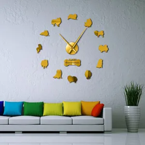 Pomeranian 3D acrilico orologio da parete DIY dorato specchio adesivo decorazione casa