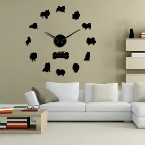 Orologio da parete 3D in acrilico Pomerania, adesivi specchio silhouette cane per soggiorno.
