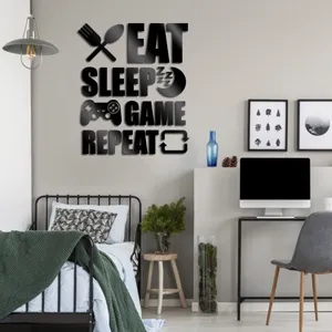 3D Αυτοκόλλητο Τοίχου Καθρέφτης Ακρυλικό Eat Sleep Game Repeat Διακόσμηση Υπνοδωματίου