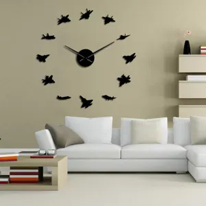 Large acrylic 3D fighter jet DIY wall clock for living room decor, modern creative silent clock.