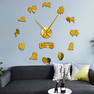 Grande orologio da parete acrilico 3D fai da te con silhouette di cani Pomerania, decoro soggiorno.