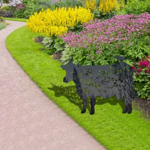 Garden cow silhouette stake with floral cutout, outdoor yard art lawn decoration for garden path.