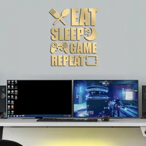 Χρυσό ακρυλικό αυτοκόλλητο τοίχου Eat Sleep Game Repeat διακόσμηση παιδικού δωματίου