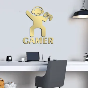 Golden acrylic gamer wall sticker mirror 3D decoration for kids room and game room decor.