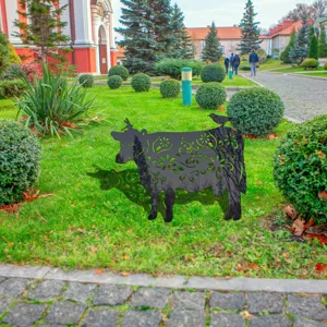 Garden decor metal cow silhouette stake detail view, beautiful floral hollow design for outdoor lawn.