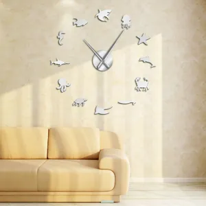 DIY 3D Acryl Spiegel Wanduhr mit Meerestieren Aufklebern für die Wohnzimmer Deko.
