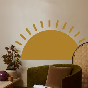 Dettaglio adesivo murale sole semi-circolare Boho, murale adesivo in PVC per soggiorno.