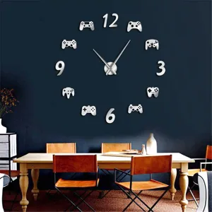 Moderne 3D DIY acryl gamecontroller wandklok, zilveren spiegel, grote woonkamer decoratie.