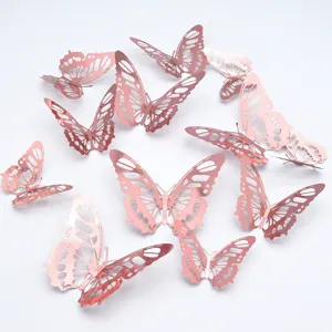 3D Oro Rosa Mariposa Hueca Pegatinas de Pared 12 Pcs Decoración del Hogar Simulación