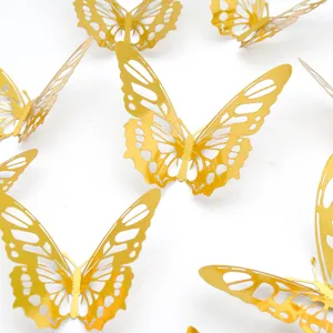 Set de pegatinas de pared de mariposa hueca de metal dorado 3D para decoración.