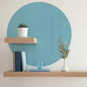 Boho blue circle wall sticker detail showing aesthetic room decor setup with wooden shelves.