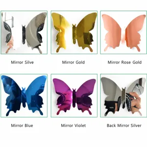 Détail de l'autocollant mural papillon miroir 3D montrant diverses finitions métalliques.