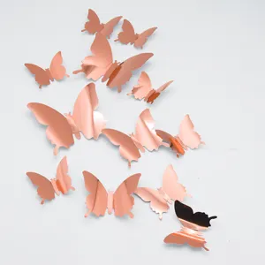 Adhésifs muraux papillon miroir 3D 12pcs or rose pour mariage fête maison décoration DIY.