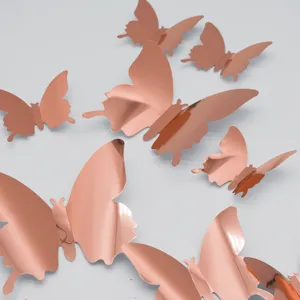 Autocollants Muraux Papillon Miroir Or Rose 3D Décoration Maison Fête Mariage 12 Pcs