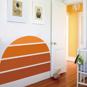 Detail view of Boho style semi-circle wall sticker in a cozy nursery room setting, vinyl.