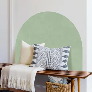 Boho arch wall sticker detail view showing beautiful sage green aesthetic in a cozy room.