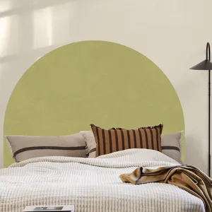 Boho arch wall sticker detail view, elegant olive green backdrop for bedroom and living room.