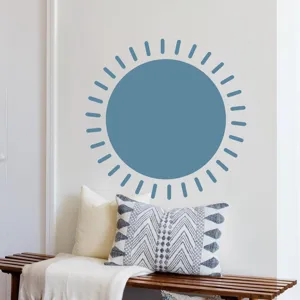 Detail closeup view of Boho blue sun wall sticker, self-adhesive PVC home decor sticker