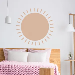 Boho sun wall sticker scene detail, aesthetic beige wall decal for bedroom decor.