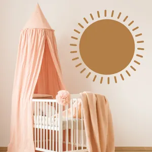 Boho sun wall sticker scene detail, warm nursery room decor, cute aesthetic vinyl decal