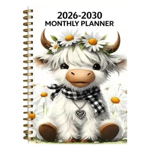 Agenda mensile 2026-2030 taccuino, simpatico design mucca delle highland margherita, rilegatura spirale.
