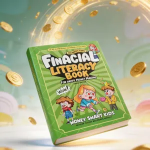 Children financial literacy book detail shot showcasing colorful cover illustration and design.