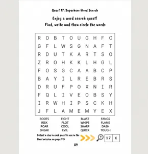 Detailed view of children activity book page featuring superhero word search puzzle and game.