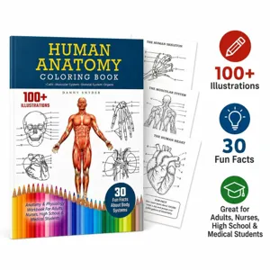 Human anatomy coloring book with over 100 illustrations and facts for students and adults.