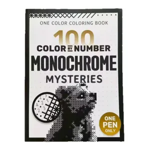 Vue detaillee de la couverture du livre de coloriage monochrome par numeros avec cent motifs.