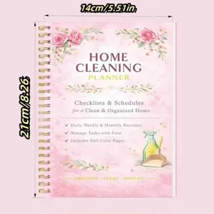 Quaderno planner per la pulizia della casa con fiori rosa e rilegatura a spirale.