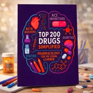 Detail van het farmacologie-studienotitieboekje met de top 200 vereenvoudigde medicijnen.