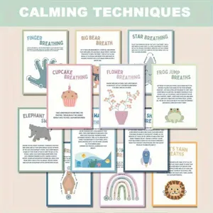 Detailed view of children mindfulness calming techniques posters set, perfect for emotional regulation.