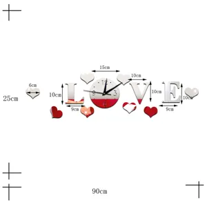 Acrylic heart love mirror wall clock detail diagram showing dimensions and components for living room.