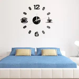 Detail view of modern coffee themed DIY acrylic wall clock with silent movement for bedroom decor.