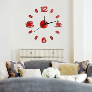 Modern acrylic DIY wall clock with coffee theme numbers and cup design for living room decor.
