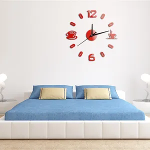 Modern red coffee themed DIY wall clock mounted on a white bedroom wall above a blue bed.
