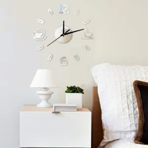 Modern acrylic DIY wall clock with coffee cup and bean design for home living room decor.