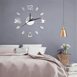 Detail view of coffee theme DIY wall clock in modern bedroom scene, silent movement.