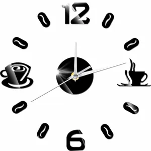Detailed view of DIY coffee wall clock with mirror numbers and beans for living room decor.