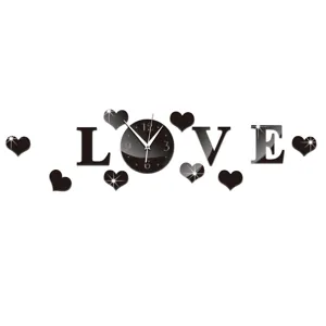 Acrylic love wall clock DIY mirror clock modern home decor living room wall sticker black color.