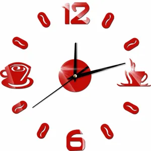 DIY coffee wall clock detail, red mirror acrylic number and cup elements for modern home decor.