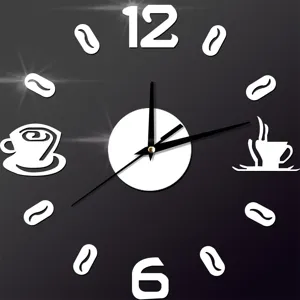 Coffee theme DIY wall clock detail, modern silent mirror numbers for living room home decor.