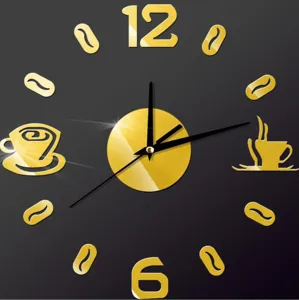 Modern DIY coffee wall clock, acrylic mirror number sticker clock for living room home decor.